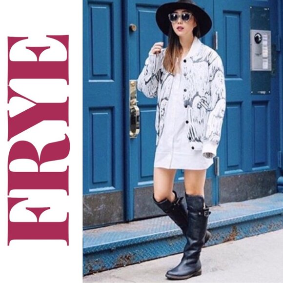 FRYE MARA BUTTON OTK SHEARLING FOLD CUFF LEATHER TALL RIDING BOOTS, SIZE 7 - Picture 1 of 16